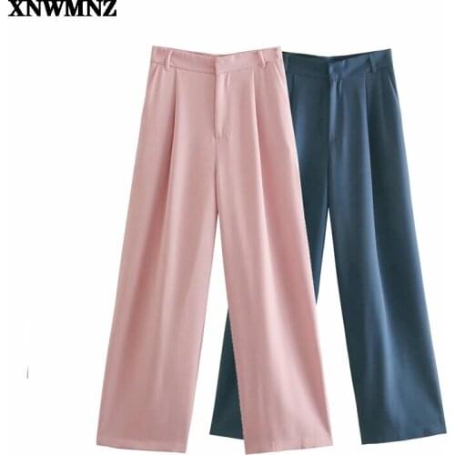 XNWMNZ Women 2021 Fashion Solid Color Side Pocket Wide Leg Pants Retro High Waist Zipper Pants Streetwear