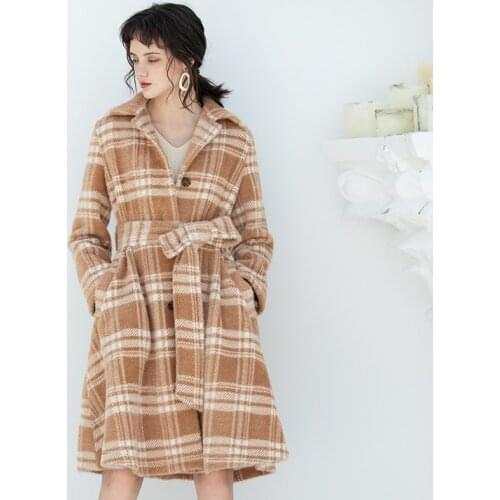 YIGELILA Winter Khaki Plaid Coats Turn Down Collar Office Lady Warm Coats Single Breasted Long Sleeves With Belt Coats 9902