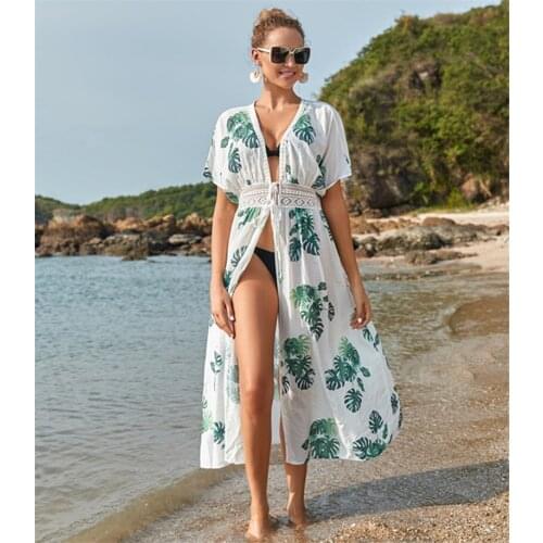 Green Banana Printed Bohemian Long Dress Women Cover Up Beachwear Tunic Beach Swimsuit Chiffon Pareo 2021 Lace