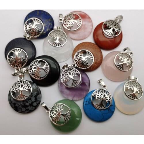 Green Aventurine Crystal Obsidian Opal Sandstone Lapis Stone GEM Circle Tree of life Pendant Jewelry Jewelry For Woman Gift