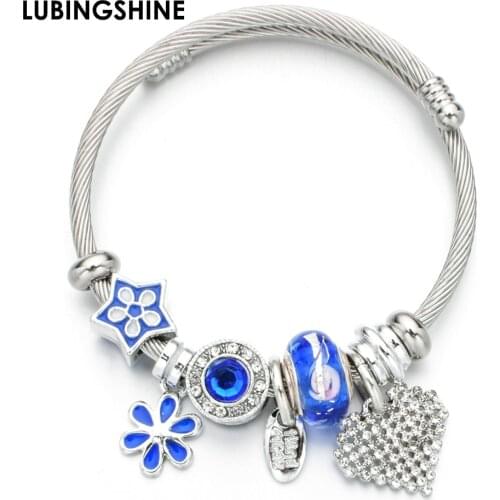 Fashion Crystal Heart Pendant Stainless Steel Bracelet&Bangle Enamel Flower Charms Bracelet for Women Girls Adjustable Jewelry