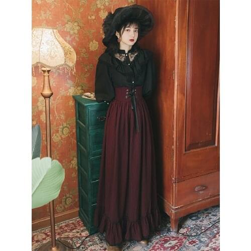 Gothic England Style Women Cosplay Palace Shirt Long Skirt Set Classic Black Lace Ruffle Shirt High Waist Bandage Skirts Femme