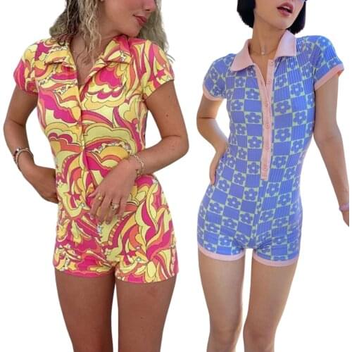 Short Sleeve Prints Jumpsuit for Women Y2k Bodycon Sexy V Neck Buttons Rompers Shorts Knitted Bodysuit Overall E-Girl Streetwear