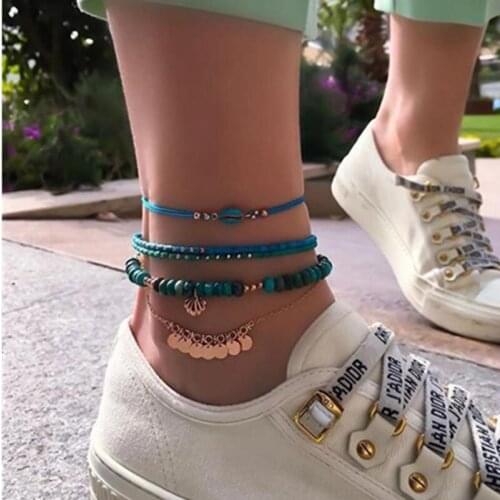 HI MAN 5Pcs/Set Bohemian Mixed Acrylic Handmade Beaded Shell Anklet Women Classic Simple Beach Jewelry Accessories