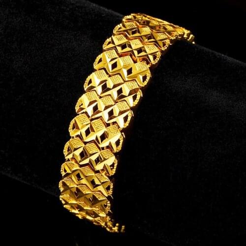 Geometry Wrist Bracelet Link Chain Yellow Gold Filled Trendy Womens Mens Bracelet Wider 16mm Thick Jewelry