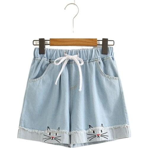 Cartoon Cat Embroidery Denim Shorts Hight Waist Cotton Casual Femme Jeans Short Elastic Wais Shorts 2020 Summer Womens Clothing