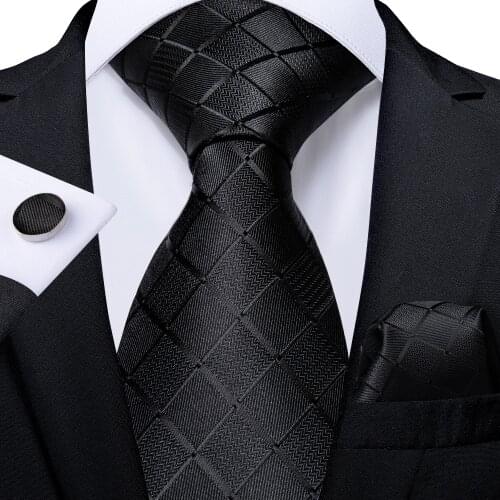 Black Plaid Ties For Men 8cm Width Silk Mens Business Wedding Neck Tie Set Pocket Square Cufflinks Gravatas Homens Cravatta