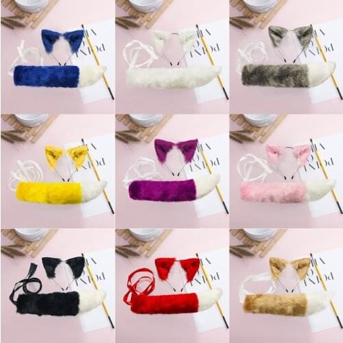 Faux Fur Kitten Wolf Ears Headband Long Tail Set Candy Color Anime Dress Up Animal Cosplay Costume Halloween Party Props for Adu