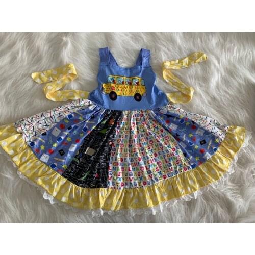 Newest Hot Selling Childrens Clothes Fashion Girls Boutique Clothing Back School Bus Lace Strappy halter dress