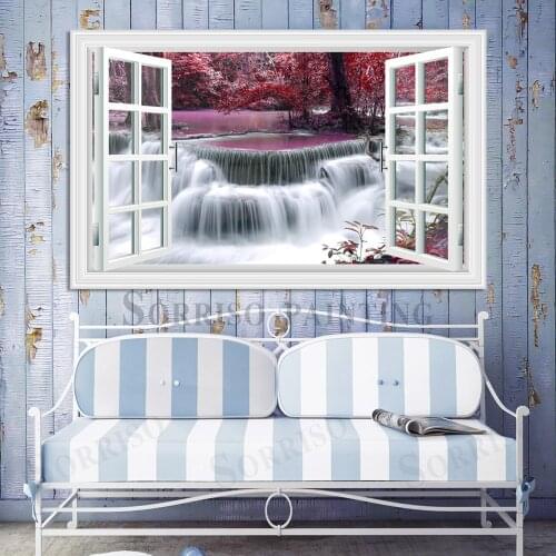 Waterfall Creek River Scenery 3D Wall Art Imitation Window Design Canvas Painting Posters Pictures Prints Home Living Room Decor