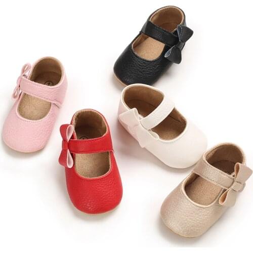 FOCUSNORM 5 Colors Newborn Baby Girl Bow Crib Shoes Soft Sole Solid Flats with Non-Slip Princess Shoes 0-18M