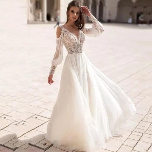 Sexy Wedding Dresses Chiffon Appliques Pleat V-Neck Full Sleeve Backless A-Line Bridal Gowns Novia Do 2021 Vestidos