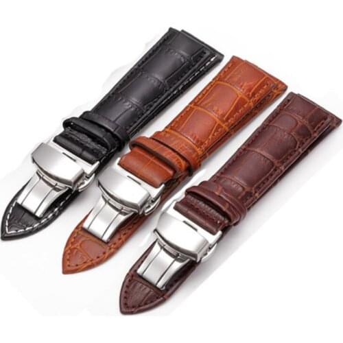 Genuine Leather Wrist Strap 14 16 18 19 20 21 22 24mm Watch Double Press Butterfly Buckle Stainless Steel Buckle Watch Band