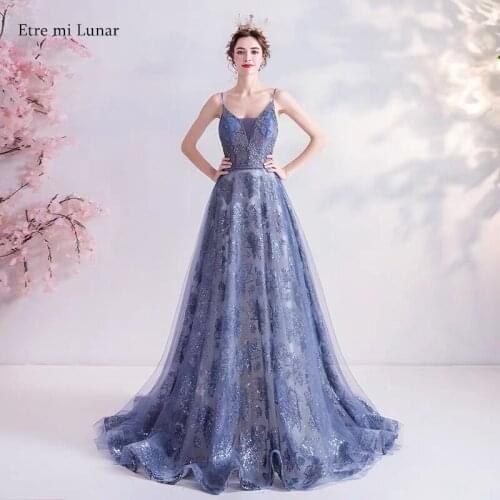 Sexy Evening Dress 2020 A-Line Blue Halter Appliques Long Train Prom Gown Tulle Sequins Formal dress LE40822