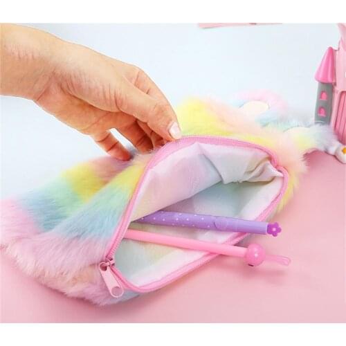 Cute Cartoon Pencil Bag Rabbit Shape Pencils Pouch with Two Ears Plush Smooth Metal Zipper Pencil Storage Bag for Kids
