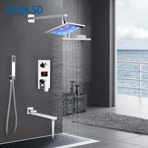 LED Digital Display Shower Faucet Rainfall Shower Head ABS Hand Shower Bathtub Spout Shower Mixer Tap 3-Ways Wall Mount Faucet