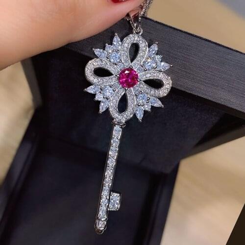 Unique Lab Diamond Ruby Key Silver Pendant Necklace for Women Wedding Fine Jewelry Anniversary Women Loves Gift