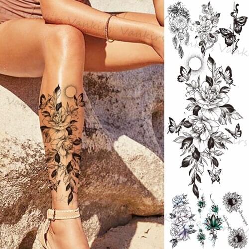 Peony Butterfly Temporary Tattoos For Women Girls Realistic Daisy Lotus Dream Catcher Snake Fake Tattoo Sticker Leg Body Tatoos