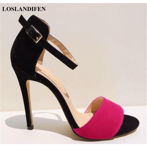 2021 New Summer Thin Heel Mixed Colors Flock Womens Sandals Fashion Buckle High Heels Shoes Women Open Toe Sexy Party Sandals