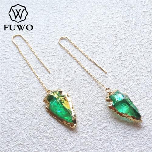FUWO Green Aura Crystal Quartz Earrings With 24K Gold Filled Minimalist Design Arrowhead Threader Earrings For Women ER021