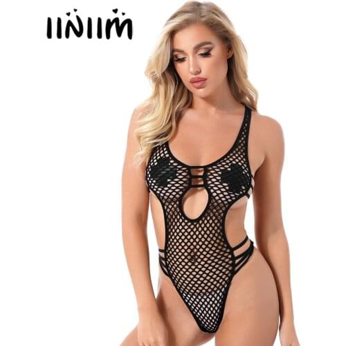 Womens Lingerie Sexy Bodysuit Hollow Out Fishnet Plunging Neckline Strappy Leotard See-through Mesh Cutout High Cut Teddies