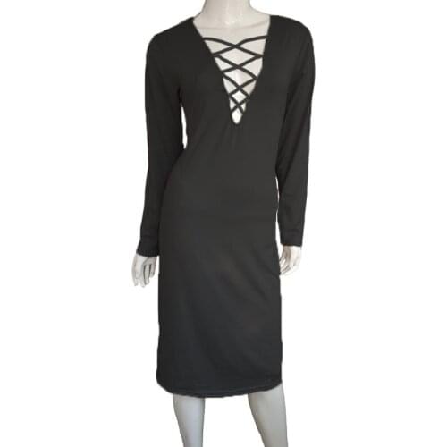 Woman Dress Long Sleeve Party Sexy Tie Nightclub Pure Color Street Hipster