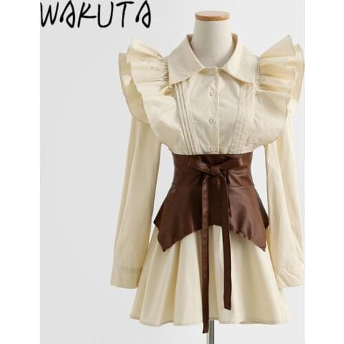 WAKUTA White Chiffon Short Blouse Dress Women with Lace Up Slim Waist Corsets Korean Style Hot Spring Womens Elegant Clothing