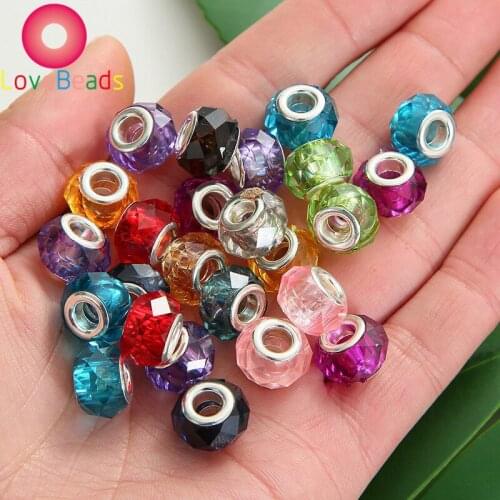10Pcs Large Hole Faceted Glass European Spacer Beads Slide Charm Rondelle Beads for Snake Chain Bracelet Women Jewelry Making