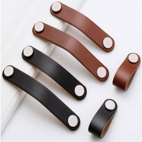 2pcs free shipping Sweden Style Furniture Handle Kitchen Leather Pulls cupboard brown leather handle