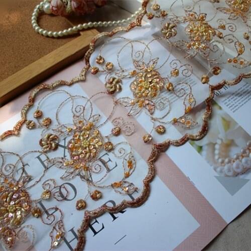 20.5cm 8.07" Wide(2yards/lot) Golden Brown Beaded and Sequined Lace Trim for Wedding, Garment , Costume Design