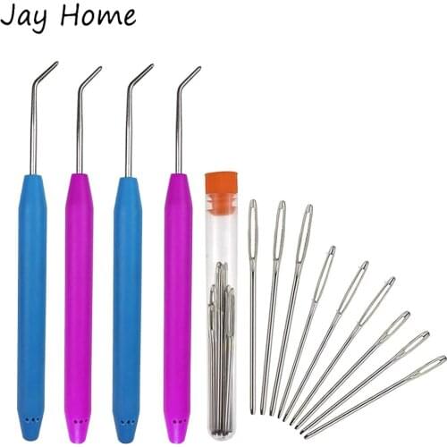4Pcs Knitting Loom Hooks Ergonomic Rubber Handles Crochet Hooks with 9Pcs Large Eye Sewing Needles for Sewing Knitting Crafting