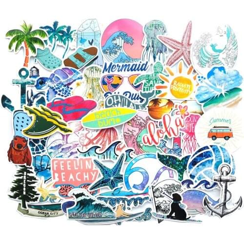 50pcs Car Styling Hawaii Surf Car Sticker Vinyl BEACH CLUB Laptop Travel Luggage Decal Waterproof Accessories