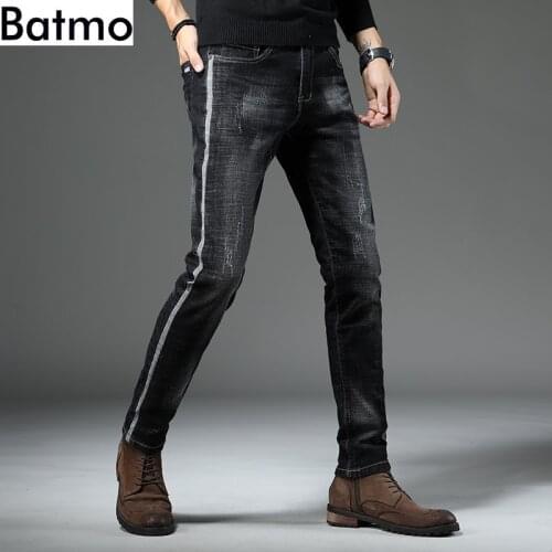 Batmo 2019 new arrival high quality casual slim elastic black jeans men ,mens pencil pants ,skinny Scratched jeans men 818