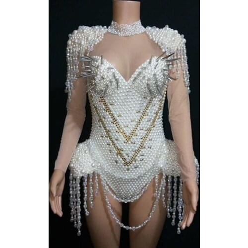 White Rhinestones Pearls Beading White Bodysuit Women Singer Leotard Nightclub Prom Birthday Clothes Performance Bodysuit DN1555