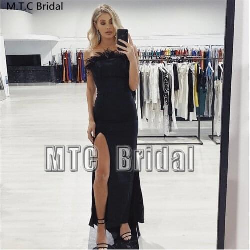 Black Strapless Mermaid Sexy Prom Dresses With Slit Feather Elastic Satin Long Formal Gowns Plus Size Women Party Dress Cheap