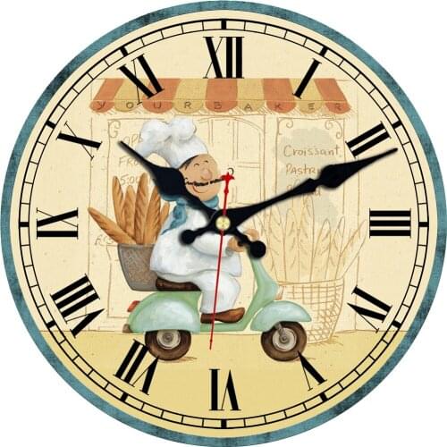 Wooden Wall Clock,small Clock Decor Happy Chef On Bike Living Room Wall Decor Saat Kitchen Chef Cookers Bread Hanging Clock