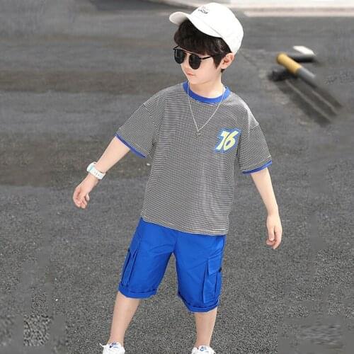Childrens clothing boys sports 2pcs cotton suit short-sleeved T-shirt five-point pants summer new middle-aged childrens suit