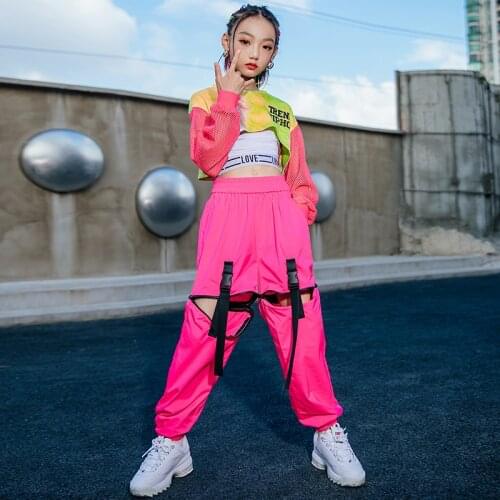 Children Jazz Dance Costume Multi-color Crop Tops Vest Rose Hip Hop Pants For Girls Jazz Street Dancing Clothes Rave Outfit Kids