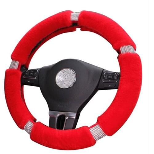 Crystal Rhinestone + Plush Warm Winter Car Leather Steering Wheel Covers Cap Auto Steering-Wheel Car Interior Accessories