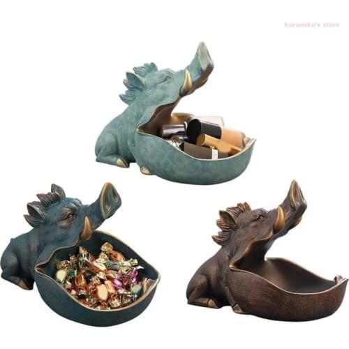 HX6D Creative Wild Boar Key Storage Bowl Resin Candy Dish Art Animal with Open Mouth