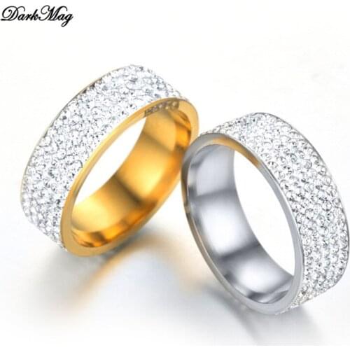 DarkMag Stainless Steel Ring Gold Silver Color Crystal Ring Wedding Rings for Women Men couples Lovers Jelwery