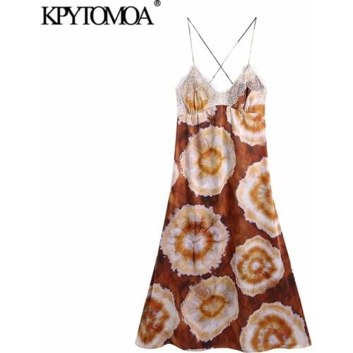 KPYTOMOA Women 2021 Fashion With Lace Trims Printed Midi Camisole Dress Vintage Backless Cross Thin Straps Female Dresses Mujer