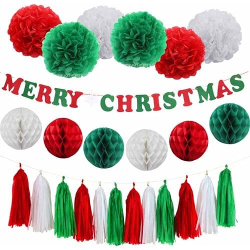 Red green white Paper Pom Poms Honeycombs Tissue Garland non-woven MERRY CHRISTMAS Banner Christmas party set