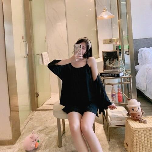 Summer 2021 Simple Plain Color Pajamas Set Sexy Halter Top Shorts Midsleeved Cardigan Nighty 3 Piece Sleepwear Set