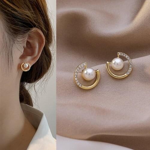 Cute Simple Rhinestone Pearl Metal Hoop Stud Earrings for Women Girls Teens Korean Ear Jewelry Earrings 2021 Trend New Arrival
