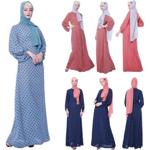 Muslim Women Polka Dot Abaya Robes Maxi Dress Kaftan Islamic Party Dubai Casual Lace Up Puff Sleeve Arab Gown Ramadan 2019 Dress