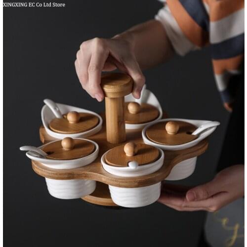 Ceramic Seasoning Bottle Set Multi-cell Practical Rotating Seasoning Bottle Five-cell Seasoning Bottles Shelf Kitchen Supplies