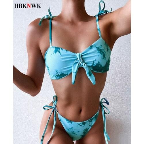 2020 New Bikini Bow Bandage Swimsuit Tie-Dye Print Swimwear Women Bikini Two-piece Set Summer Beach Swimming Bathing Suit Female