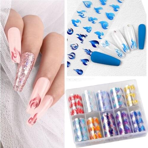 New! Holographic Nail Foil Transfer Sticker,10Rolls/Box /100cm x4cm Colorful Fire Flame for Sticker Nail transfer Foil Decals