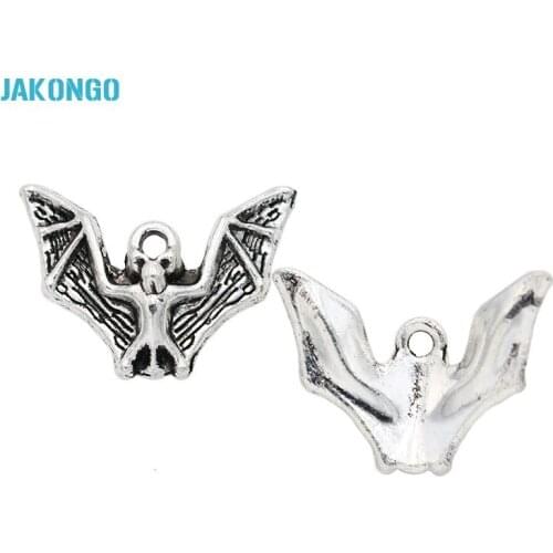 JAKONGO Bat Charm Antique Silver Plated Zinc Alloy Charms Pendants for Jewelry Making DIY Handmade Craft 24x17mm 10pcs/lot